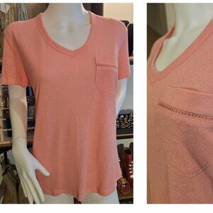 NWOT Pink Linen Mix V-neck T-shirt L-XL / t-shirt rose lin
